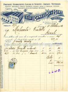 1926 TORINO - RAMELLA & BERT - Lavori in cemento e graniglia *Fattura Fattura commerciale d'epoca, a stampa con inserti manoscritti, su carta intestata illustrata.Torino - via Torricelli 35-37-39CONDIZIONI: F (piegature d'epoca, piccoli fori all'angolo superiore sinistro)PAGINE: 1    originale e autentica 1