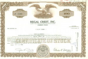 Oggetto da collezione cartaceo 1969 FLORIDA Common Stock REGAL CREST INC. Certificato azionario per Vilma SKOCH 1