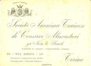 Materiale pubblicitario d’epoca 1910 ca TORINO SocietÃ  anonima conserve giÃ  NORSA e SICCARDI *Biglietto 1