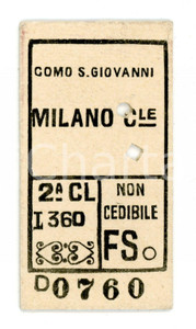 Documento originale, autentico 1951 COMO SAN GIOVANNI FF. SS. Biglietto ferroviario per MILANO seconda classe 1
