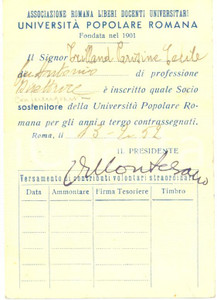 Oggetto da collezione cartaceo 1952 UNIVERSITA  POPOLARE ROMANA Tessera Cecile Trilland 1