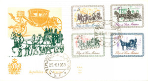 Materiale pubblicitario d’epoca 1969 REPUBBLICA SAN MARINO Esemplari di CARROZZE con annullo BUSTA PRIMO GIORNO 1