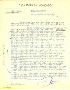 Manoscritto, lettera originale 1939 MILANO Casa Editrice MONDADORI  Premi Remo Mondadori agli operai 1
