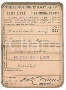 Oggetto da collezione cartaceo 1923 BRASIL Leopoldina Railway  Tessera  Passe livre primeira classe 5x7 cm 1