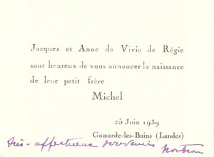 Oggetto da collezione cartaceo 1939 GAMARDELESBAINS Nascita Michel DE VIVIE DE REGIE 1