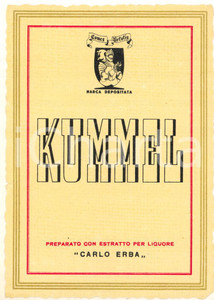 Materiale pubblicitario d’epoca 1950 ca Ditta CARLO ERBA  Etichetta pubblicitaria liquore KUMMEL 12x9 cm 1