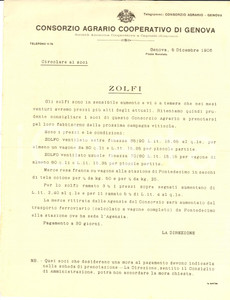 Manoscritto, lettera originale 1906 GENOVA Consorzio Agrario Cooperativo  Prenotazione zolfo ventilato 1