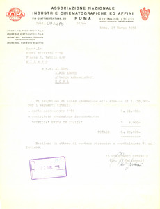 Documento originale, autentico 1956 ROMA CINEMA ANICA chiede saldo documentario  Civiltà Sveva in Italia 1