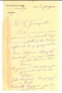 Manoscritto, lettera originale 1903 LA PROVINCIA DI COMO Direttore Luigi MASSUERO su commissione di propaganda 1