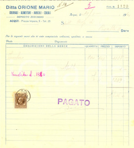 Documento originale, autentico 1940 ACQUI TERME AL Ditta ORIONE Mario  Coloniali alimentari e agricoli 1
