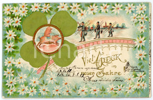 1903 NEUEN JAHRE Chimney sweeps with lucky pig - Embossed postcard FP VG  Cartolina postale d'epoca, viaggiata.Il quadrifoglio &egrave; realizzato con un inserto in tessuto.CONDIZIONI: FAIRFORMATO: FP    originale e autentica 1