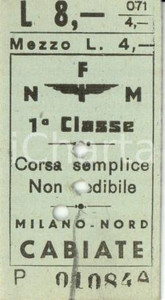 Oggetto da collezione cartaceo 1950 FERROVIE NORD MILANO  CABIATE Biglietto ferroviario di prima classe 1