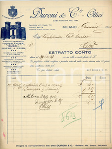 1914 MILANO - DURONI & C. Galleria Vitt. Emanuele 7-9 - Ottici - Estratto conto Estratto conto d'epoca, a stampa con inserti manoscritti, su carta intestata illustrata.CONDIZIONI: P (piegature d'epoca, piccoli strappi ai lati sinistro e destro, lieve ingiallimento)PAGINE: 1    originale e autentica 1