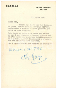 Autografo originale 1960 NAPOLI Lettera Gaspare CASELLA per l invio di un catalogo Autografo 1