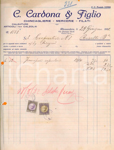 Documento originale, autentico 1932 ALESSANDRIA C. CARDONA & FIGLIO  Chincaglierie, mercerie, calzature 1