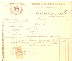 Documento originale, autentico 1912 PARIS France MARIANVALLE Tripes Ã  la mode de CAEN Restaurant 1