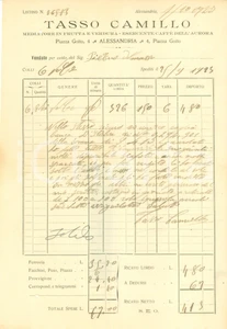 Documento originale, autentico 1923 ALESSANDRIA Camillo TASSO Mediatore in frutta e verdura Caff dell AURORA 1