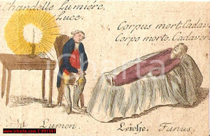 Stampa, bozzetto originale 1780 circa NOBILE VEGLIA CADAVERE lugubre figurina colorata a mano 1