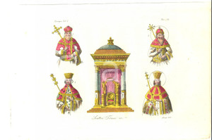 Stampa, bozzetto originale 1823 FERRARIO COSTUME EUROPEO Scettri, troni  Incisione SASSO Colorata a mano 1
