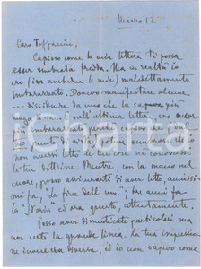 1945 ca s. l. Mario Manlio ROSSI in dissidio con le tesi di un collega AUTOGRAFO Lettera autografa del filosofo e anglista Mario Manlio Rossi, a un collega del quale non aveva apprezzato integralmente le tesi espresse in un saggio.PAGINE: 4 facciate FAIR/discreto piegature d'epoca  originale e autentica 1