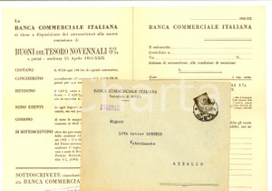 Materiale pubblicitario d’epoca 1942 IVREA Banca COMMERCIALE ITALIANA Acquisto BOT novennali Pubblicitario 1
