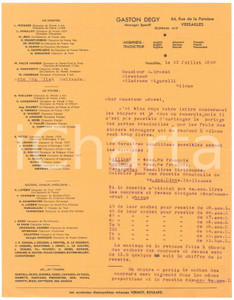 Autografo originale 1938 CICLISMO VERSAILLES Gaston DEGY su ingaggio corridori stranieri AUTOGRAFO 1