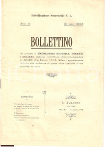 Materiale pubblicitario d’epoca 1896 MILANO Officina Farmaceutica ZULIANI Emoglobina solubile  Bollettino 1