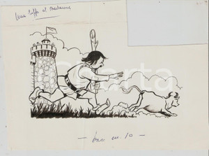 Stampa, bozzetto originale 1955 ca IL VITTORIOSO ? Una beffa al BARBAROSSA Illustrazione ORIGINALE 20x1A 1