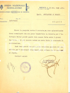 Documento originale, autentico 1928 OND Provinciale BRESCIA Lettera per denuncia di un infortunio 1