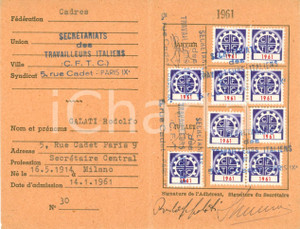 Oggetto da collezione cartaceo 1961 PARIS  Secréariat des Travailleurs Italiens Tessera 1
