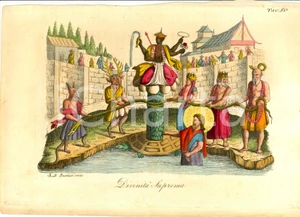 Stampa, bozzetto originale 1823 ASIA Divinità Suprema Incisione BERNIERI Cololorata a mano 1