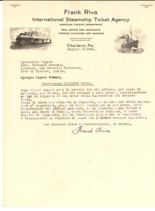 Manoscritto, lettera originale 1940 CHARLEROI Lettera Frank RIVA per riscossione legato di Giuseppe NESTI 1