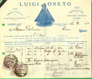 Documento originale, autentico 1924 GENOVA CORNIGLIANO Ditta Luigi ONETO Sapone Fattura ILLUSTRATA 1