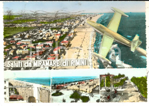 Cartolina originale da collezione 1960 MIRAMARE DI RIMINI Vedutine con spiaggia e aereo Cartolina postale  FG VG 1