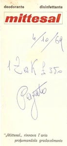 Materiale pubblicitario d’epoca 1969 PUBBLICITA  Deodorante MITTESAL Disinfettante Ricevuta 7x16 cm 1