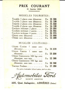 Cartolina originale da collezione 1926 ASNIERES F Listino prezzi FORD automobili Cartoncino pubblicitario 1