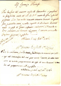 Documento originale, autentico 1786 MILANO Nobile Giacomo BAGLIOTTI CAIMI promette pagamento brillanti 1
