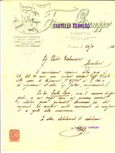 Documento originale, autentico 1923 TORINO Giuseppe FERRERO su nuovi listini per frutta secca Lettera 1