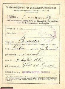 Documento originale, autentico 1924 SCHIO VI Cassa Assicurazioni Sociali Pietro BRANCO 1