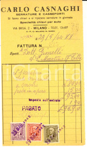 Documento originale, autentico 1942 MILANO Via Brisa 2  Carlo CASNAGHI Serrature e casseforti  Fattura 1