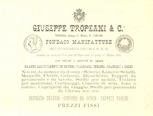 Documento originale, autentico 1888  VENEZIA Ditta TROPEANI Corredi da sposa Biglietto intestato 1