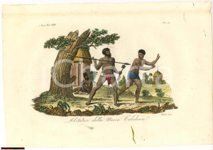 Stampa, bozzetto originale 1823 COSTUMI OCEANIA Abitatori della NUOVA CALEDONIA Inc. SASSO Colorata a mano 1
