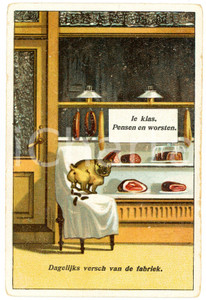 1910 ca HUMOUR Pensen en worsten - Dagelijks versch van de fabriek - Postcard FP NV  Cartolina postale d'epoca, non viaggiata.CONDIZIONI: FAIR (smussature agli angoli)FORMATO: FP    originale e autentica 1
