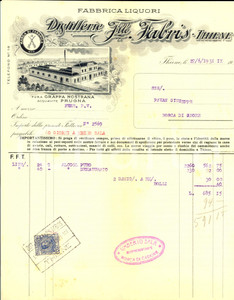 Documento originale, autentico 1931 THIENE VI Fabbrica liquori  Distillerie F.LLI FABRIS Fattura ILLUSTRATA 1