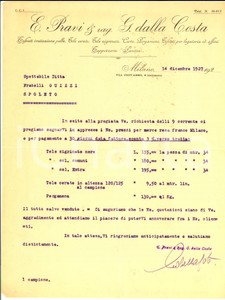 Documento originale, autentico 1927 MILANO Ditta E. PRAVI & rag. G. DALLA COSTA Preventivo per tele e pergamena 1