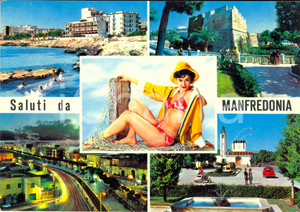 Cartolina originale da collezione 1967 MANFREDONIA (FG) Vedutine e donna in costume FG VG 1