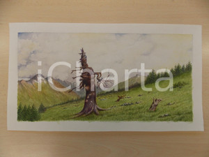 Stampa, bozzetto originale 1950 ca ARTE Paesaggio di montagna con tronco d albero Acquerello 39x22 cm 1