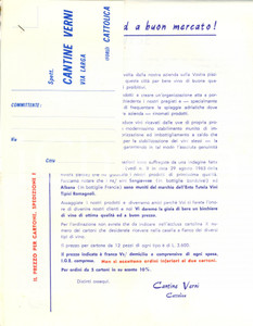 Materiale pubblicitario d’epoca 1960 ca CATTOLICA RN Cantine VERNI Pubblicità SANGIOVESE, ALBANA, VERDICCHIO 1