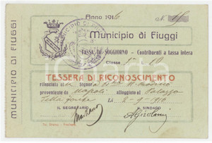 1916 FIUGGI Tassa di soggiorno - Tessera di riconoscimento 13x8 cm Tessera d'epoca.  FAIR/discreto Lievi smussature agli angoli, aloni e macchie Formato: 13x8 cm originale e autentica 1