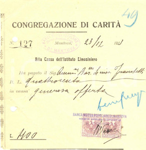 Documento originale, autentico 1913 MANTOVA Congregazione di Carità  Offerta baronessa Luisa FRANCHETTI 1